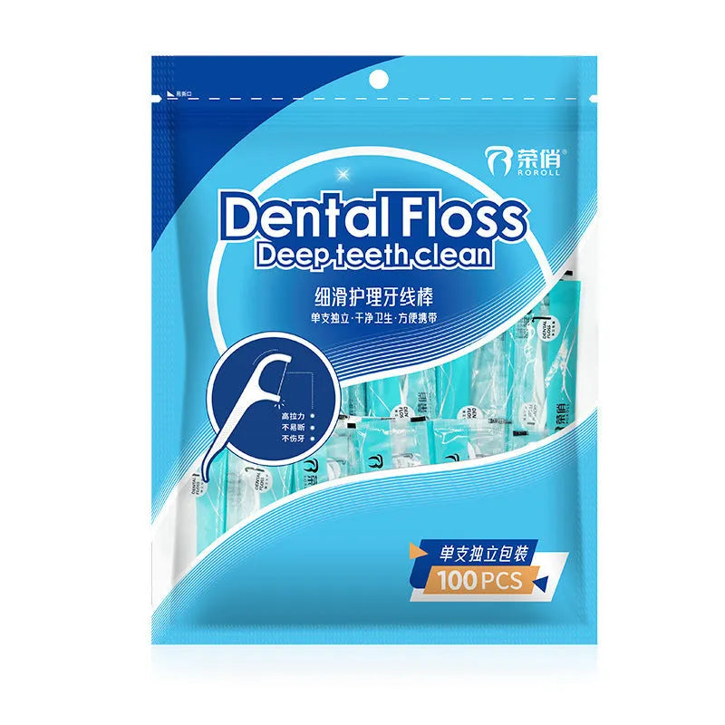 Disposable dental floss in a flat plastic bag package with dimensions 180mm by 238mm