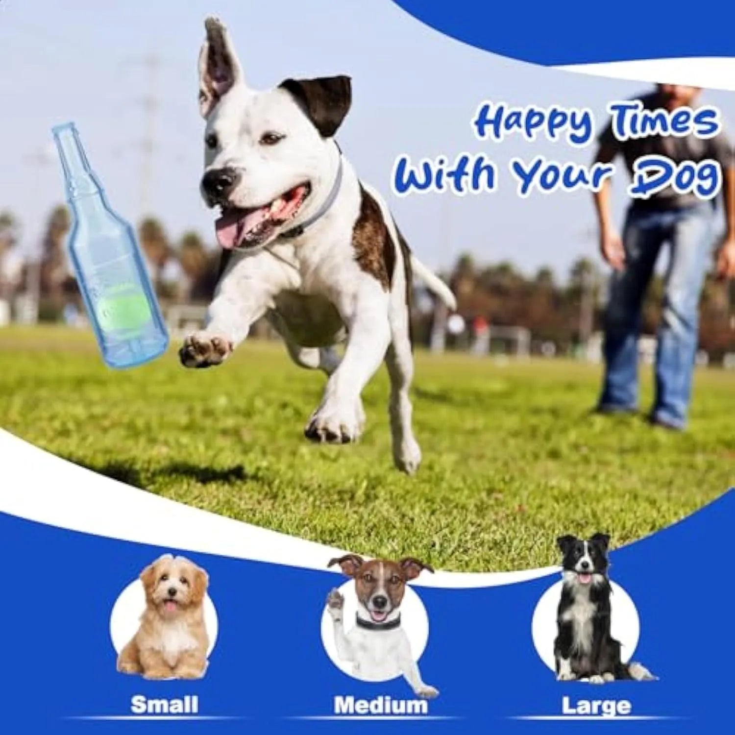 Water bottle dog toy in blue colour with squeaker at tail and internal tennis ball for interactive play