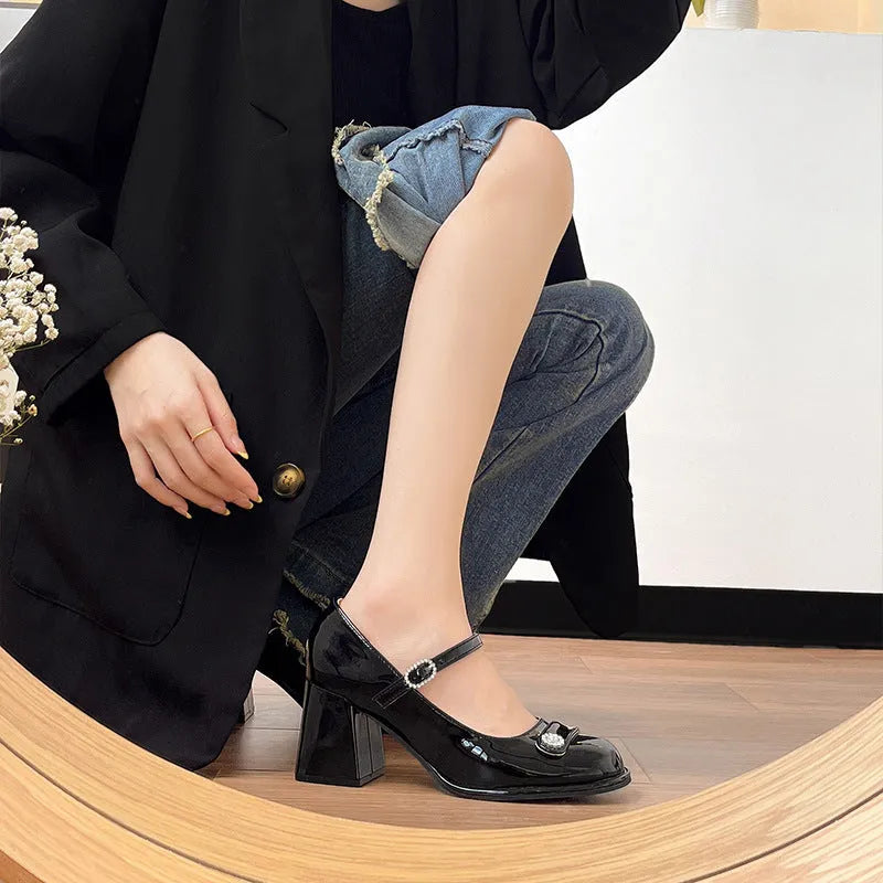Women's black patent leather high heels with chunky heel and round toe for wide feet