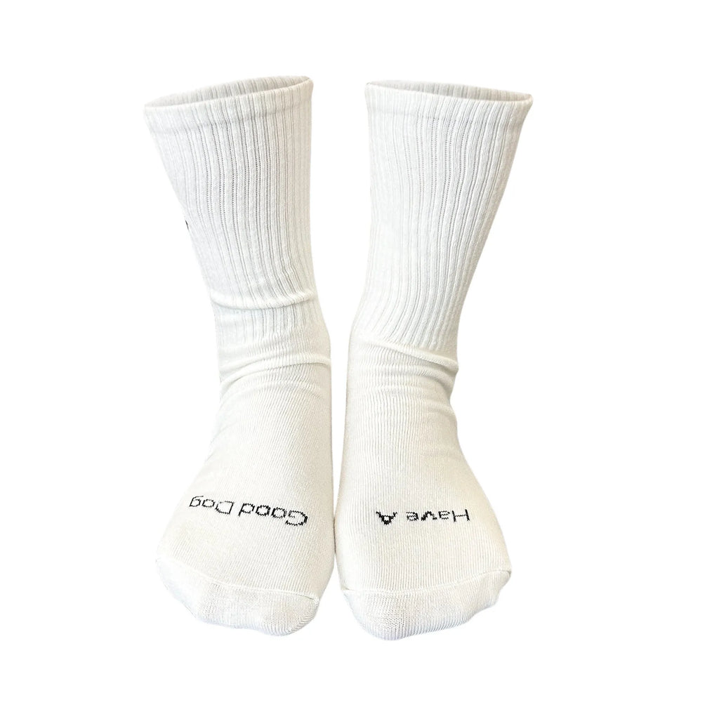 White cotton tube socks with printed white dog breed designs for students and everyday wear