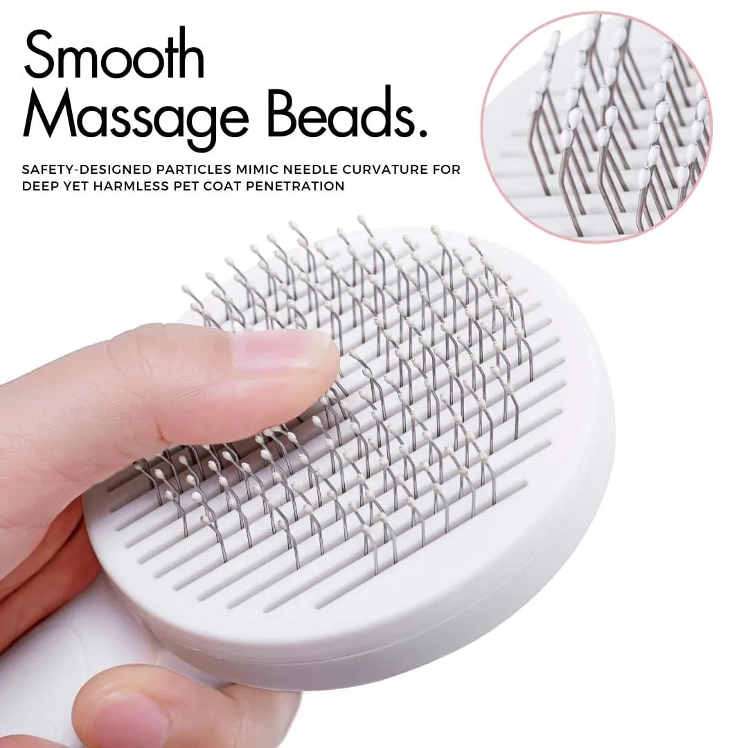 Self-cleaning slicker brush for dog and cat grooming with blue handle and stainless steel bristles.