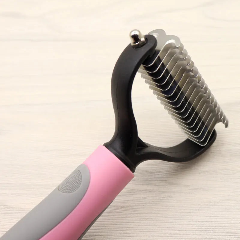 Pet long-haired dog knot comb with double-sided blade in blue colour, small size, with stainless steel needles and TPR handle