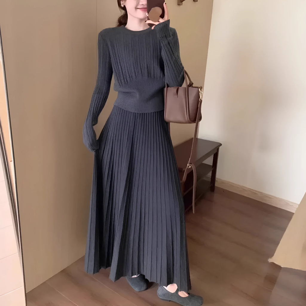 Women's dark grey knitted dress suit set with 3D pattern, artistic retro ethnic style sweater and skirt