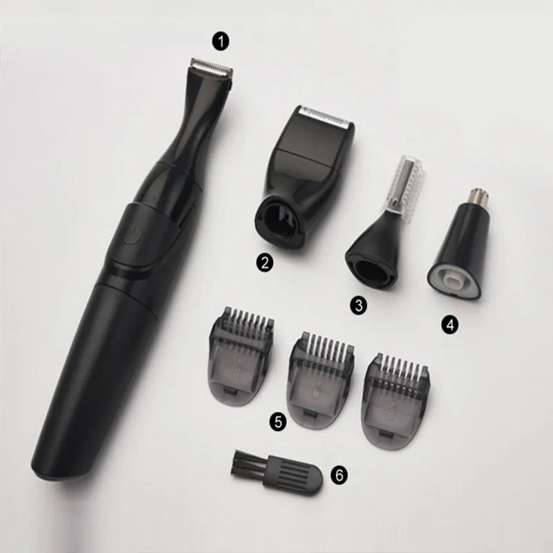 Men's black electric trimmer set with reciprocating head, charging base, and grooming accessories