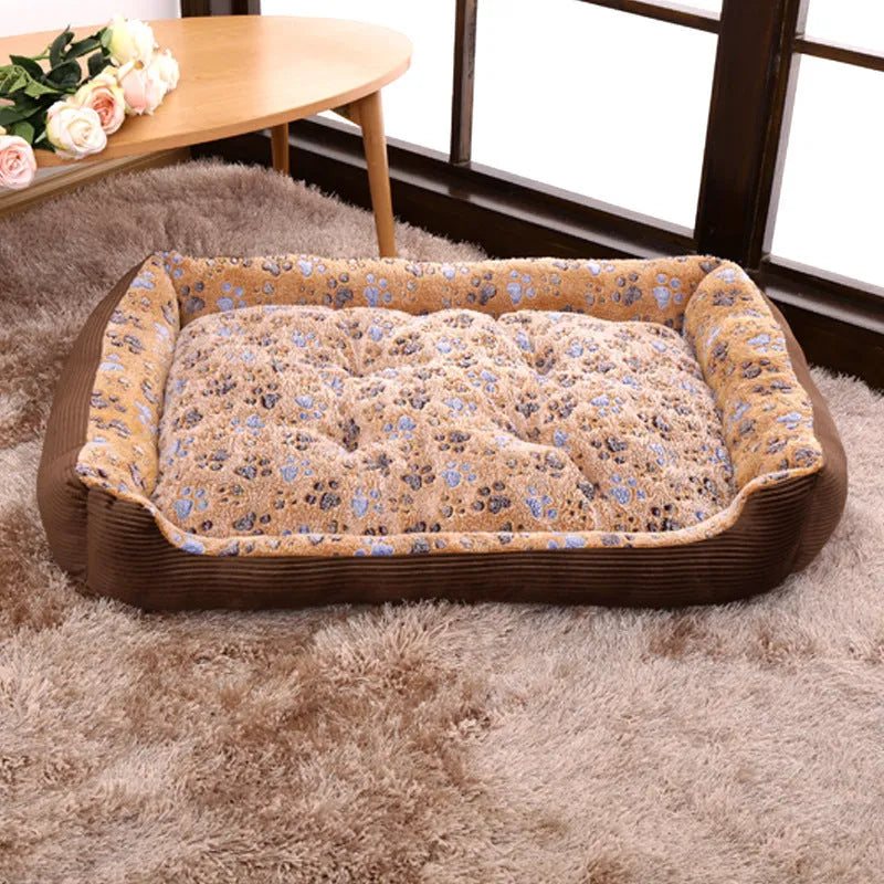Soft beige plush dog bed with raised sides for small dogs, showing sofa-style design