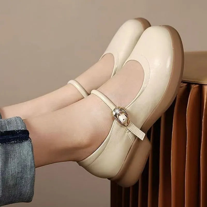 Flat Fairy Style leather shoes with wedge heel, round toe, and skull pattern in black