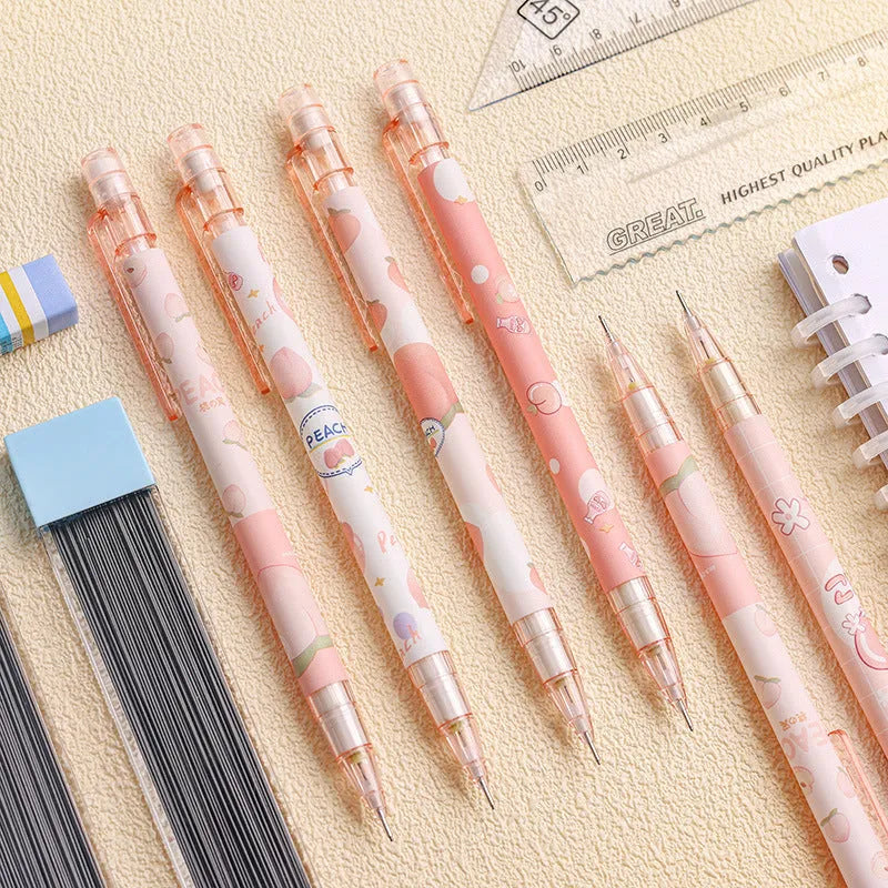 Automatic pencil press 0.5 no sharpening in peach colour with plastic casing and 100 refills