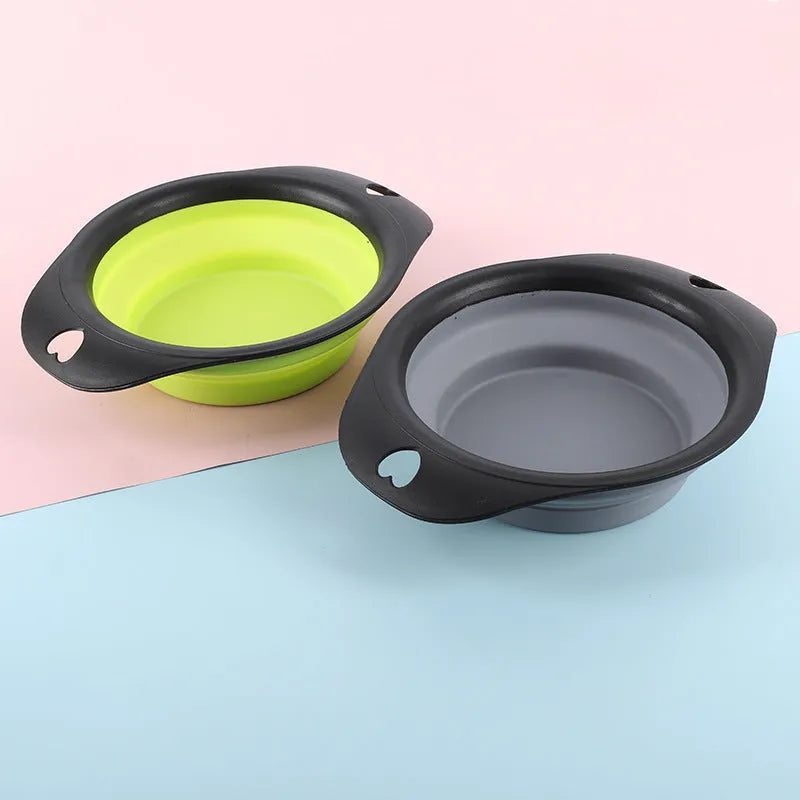 Silicone folding bowl for pets in black, collapsed flat for portable storage
