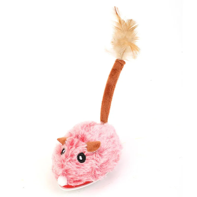 Electric cat pole toy with plush mouse in pink, dark grey, or purple colour options