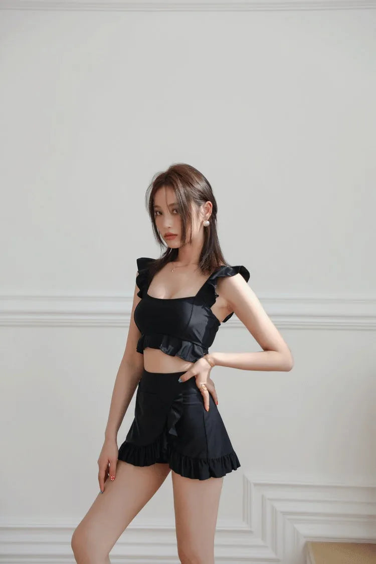 Black nylon split swimsuit for women, briefs style, sizes M L XL