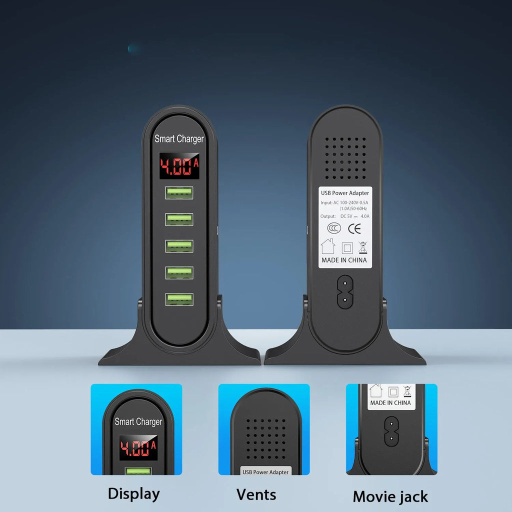 Smart LED digital display USB wall charger in black or white with selectable EU, UK, or US plug