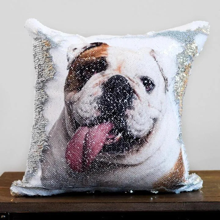 Custom photo sequins pillowcase 40x40cm gold reverse with uploaded picture displayed