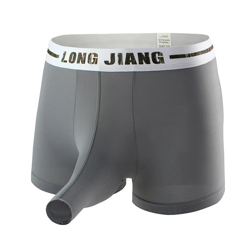 Men's ice silk trunk open boxers in army green colour, showing mid-waist and solid colour design.