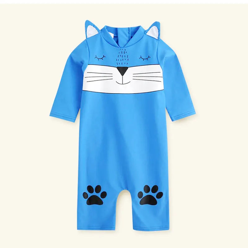 One-piece swimsuit for baby boys and girls with long sleeves, high-elasticity polyester, sun protection, blue colour
