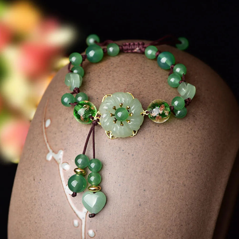 Hand-woven retro flower bracelet in Chinese style, mixed materials, petals style colourway, with auspicious patterns