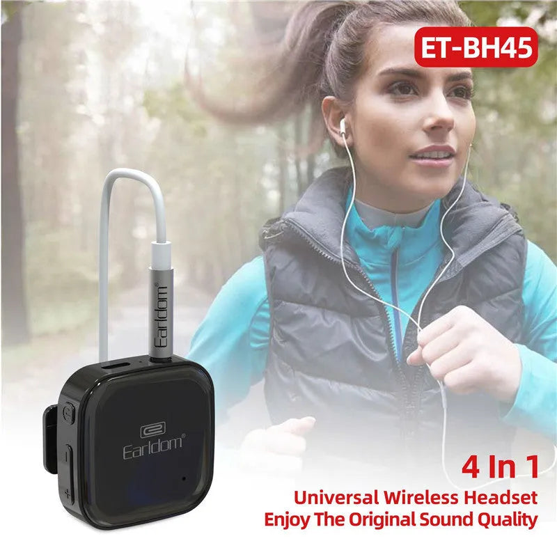 A black Bluetooth lavalier headset worn around the neck with a single earpiece, showing wireless design.
