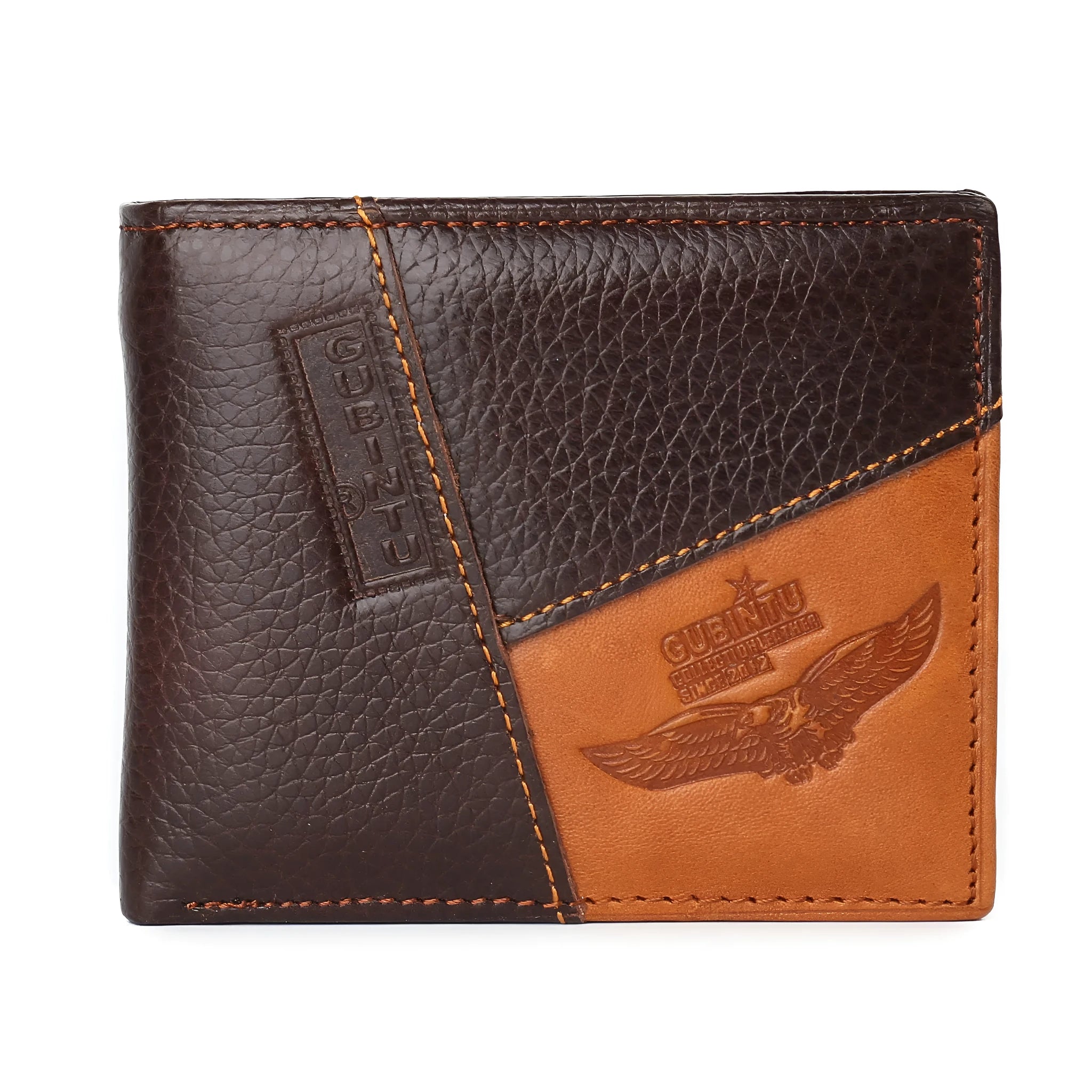 Brown cowhide leather men's wallet with car stitching detail showing multiple card slots and compartments