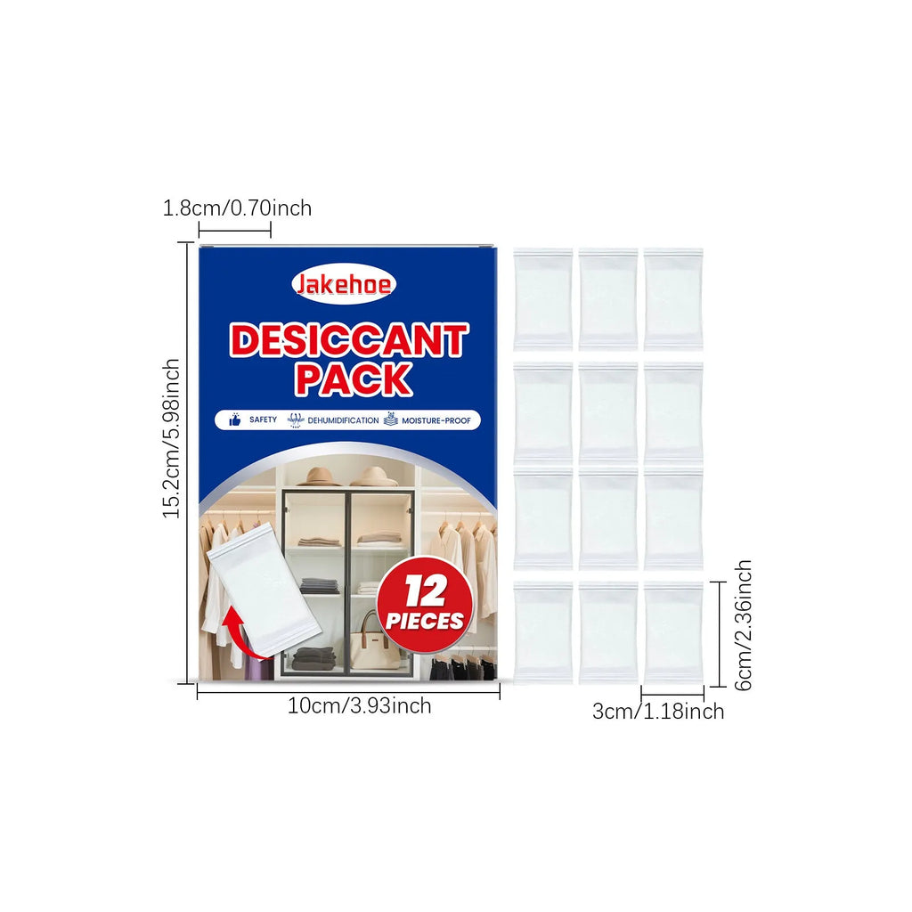 Pack of 12 white calcium chloride desiccant sachets for household moisture control.