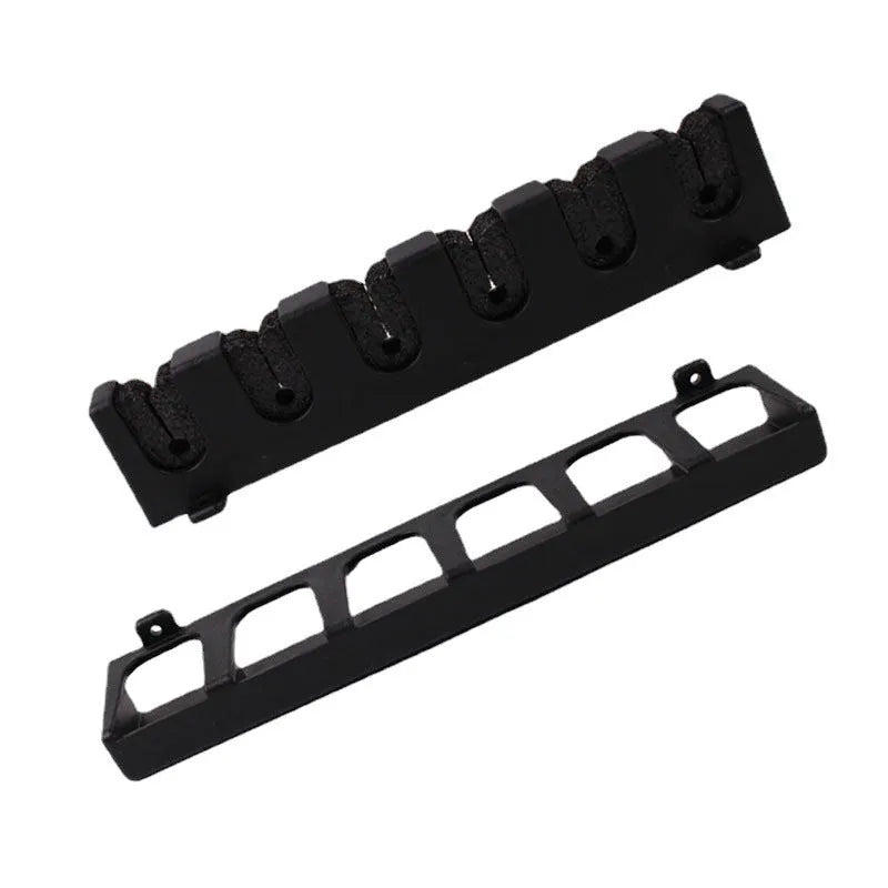 Black ABS plastic wall-mounted fishing rod holder rack shown in upright and horizontal styles.