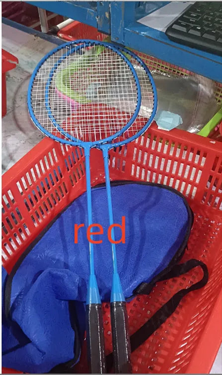 A pair of blue and red alloy badminton rackets with a split design for portability.