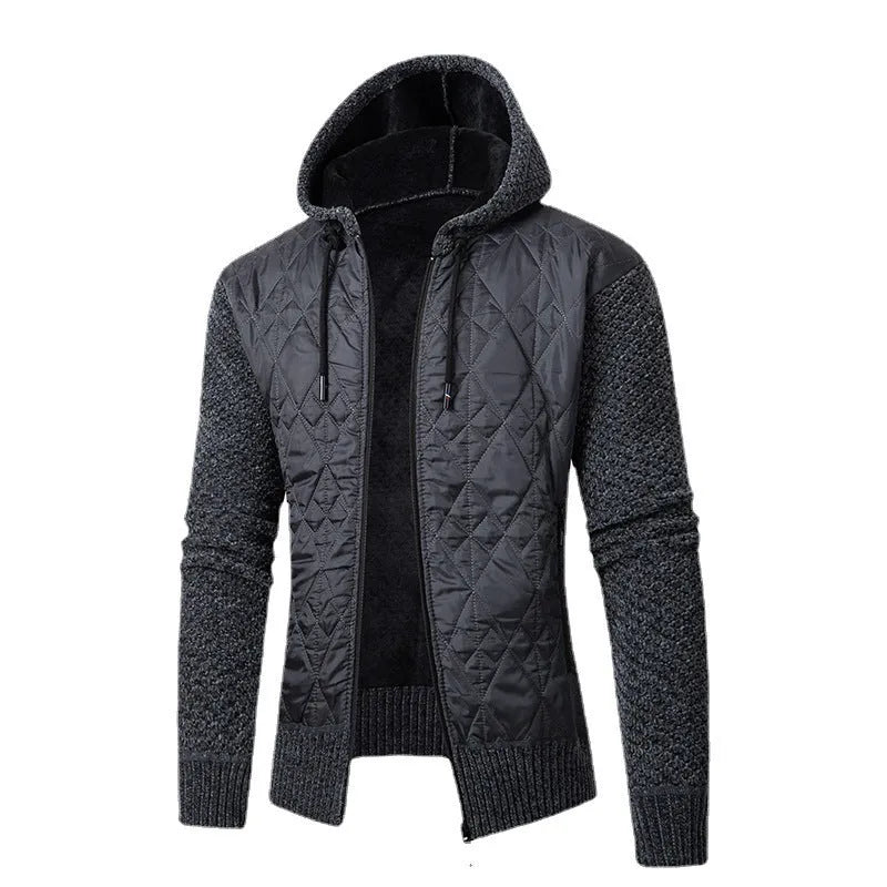 Men's grey hooded corduroy sweater coat with cinched waist showing wool texture and cardigan style