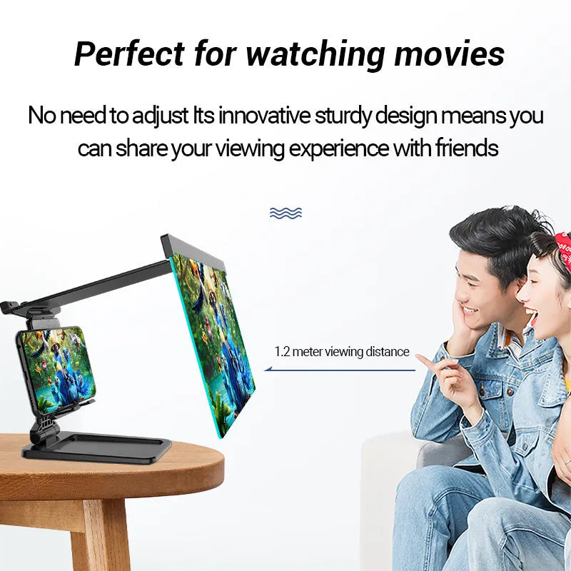 Black folding mobile phone screen amplifier with detachable phone holder magnifying smartphone display