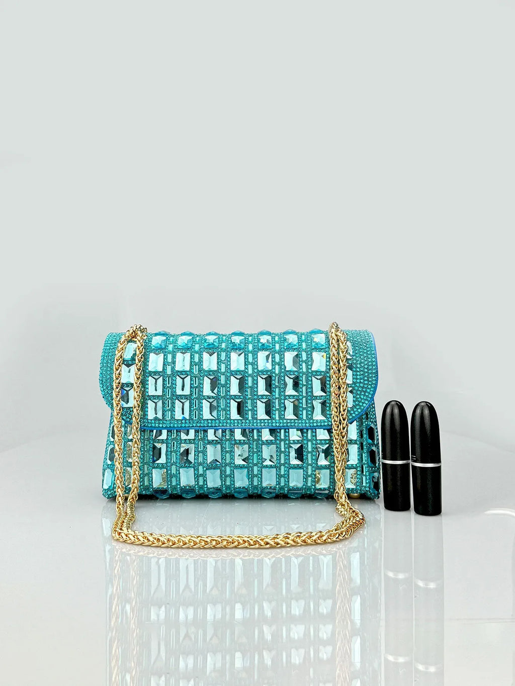 Shiny glass rhinestone chain clutch handbag in silver with open pocket and chain strap