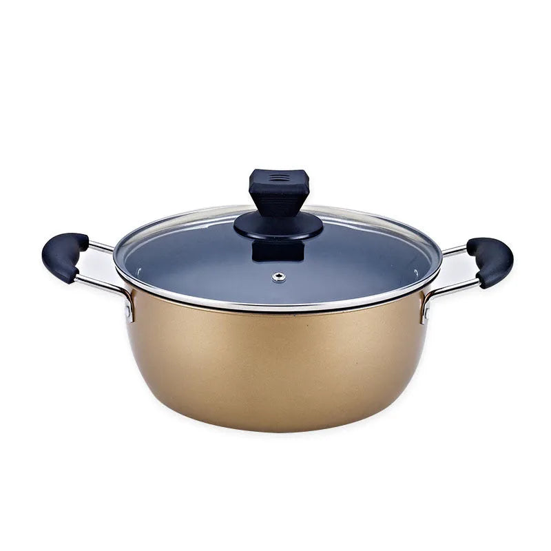 Three-piece cast iron non-stick cookware set with soup pot, milk pot, and wok in light luxury style
