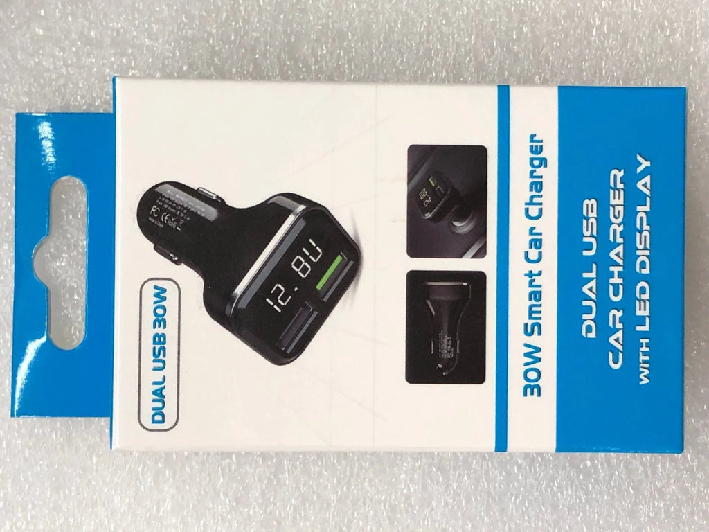 Black car charger with LCD display showing voltage reading, dual USB ports, PC+ABS construction