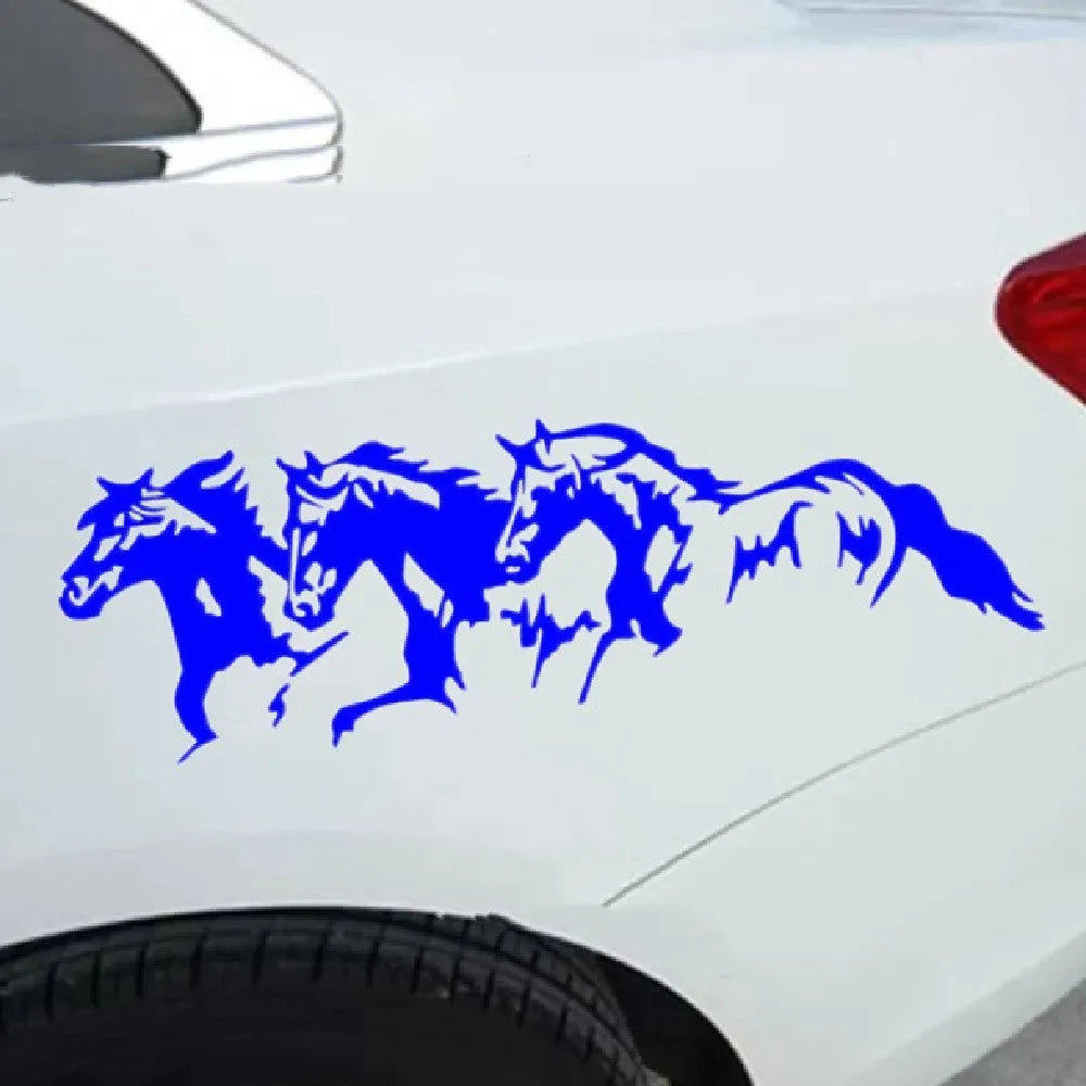 New Three Horses car decal sticker with steed design in black, shown at 25cm by 8cm size.