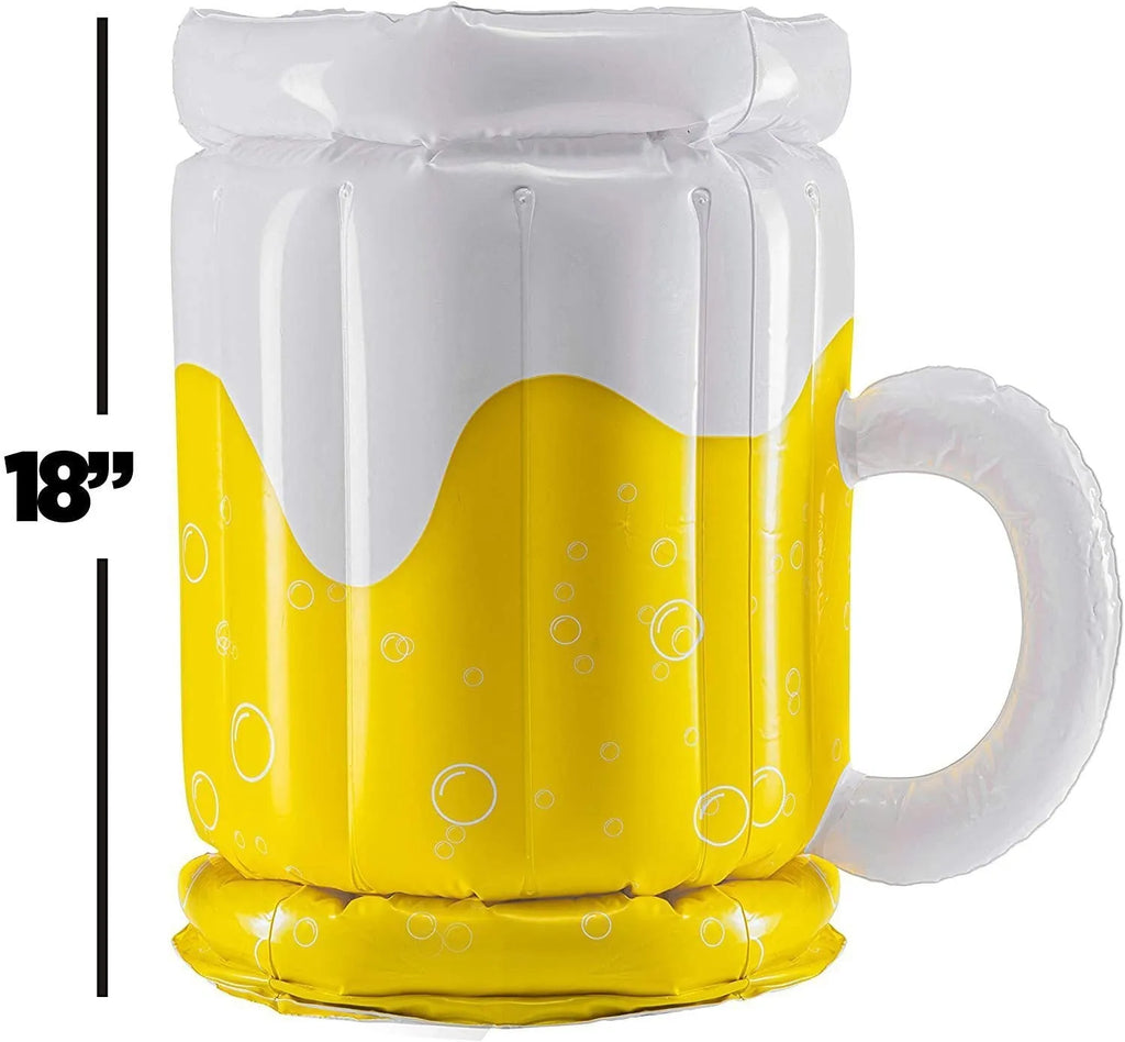 Yellow inflatable beer mug shaped cooler float with drink holders in a swimming pool