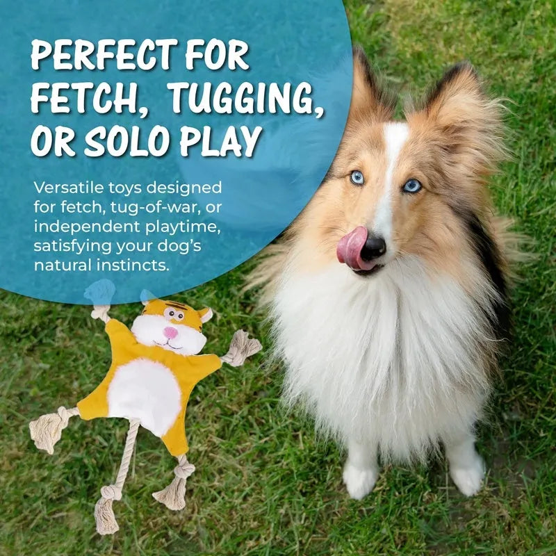 Set of six plush squeaky dog toys shaped like fox, squirrel, monkey, koala, rabbit, and tiger with rope