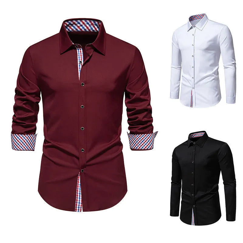 Men's loose plaid stitching casual long-sleeved shirt in polyester fibre, available in black, cardigan style.