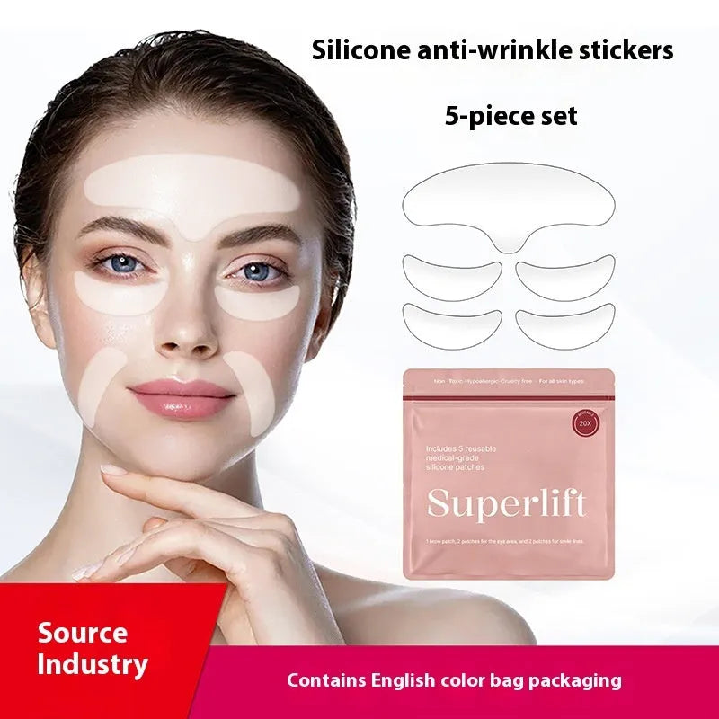 Five silicone anti-wrinkle face stickers with adhesive backing for wrinkle reduction