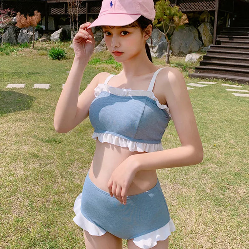 Nylon solid colour fashion suspenders split conservative one-piece swimsuit for women in picture colour
