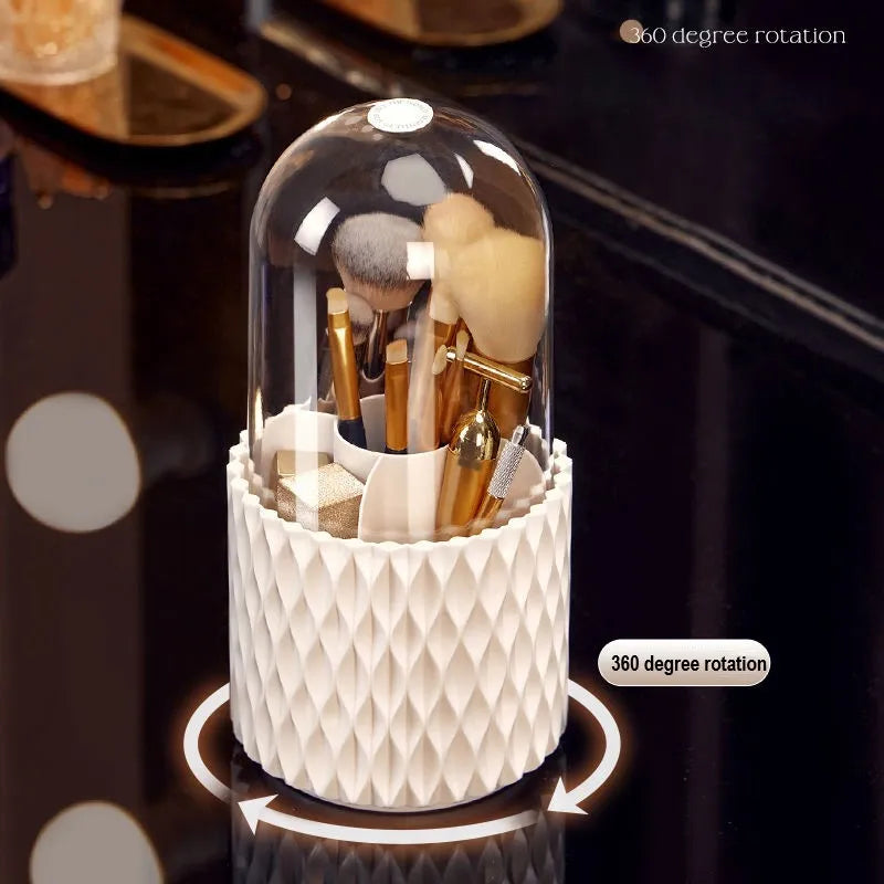 White acrylic makeup brush holder with transparent dust cover and rotating base