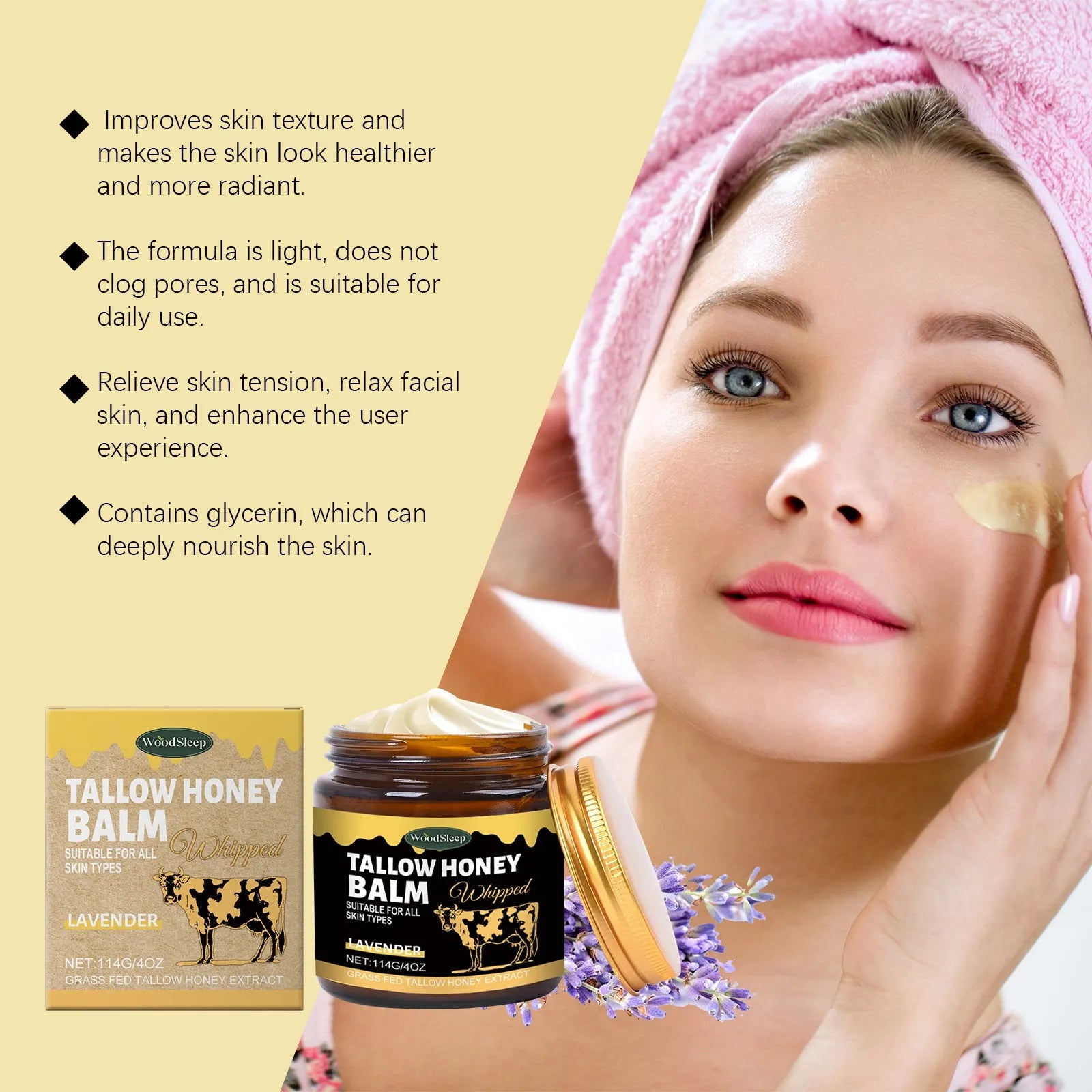 114g pot of butter skin cream with mild ingredients including honey and lavender extract