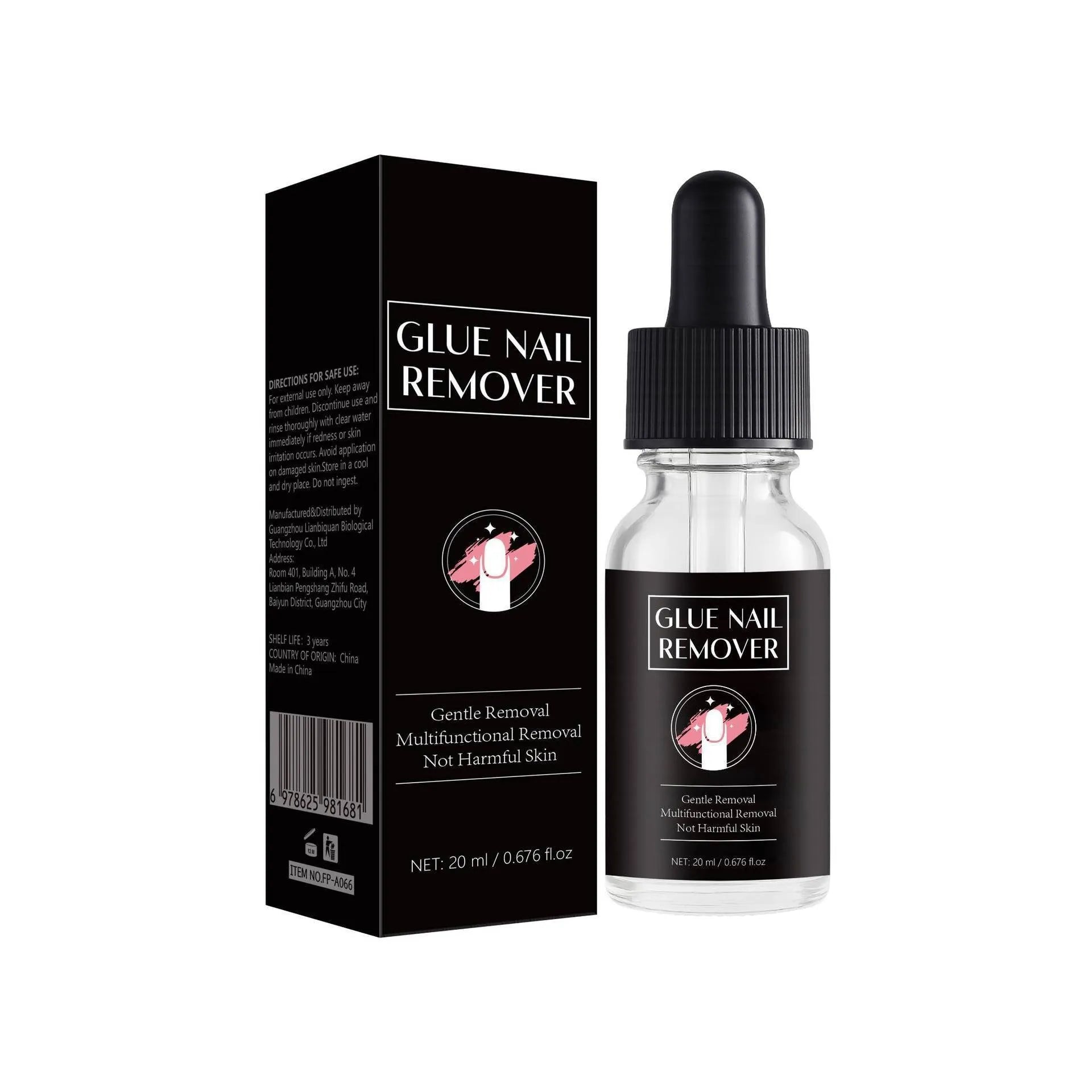 20ml bottle of FP-A066 nail glue remover with precision applicator for acrylic and false nails.