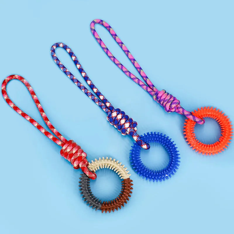 Blue bite resistant rope dog toy with interlocking knot design for teething puppies
