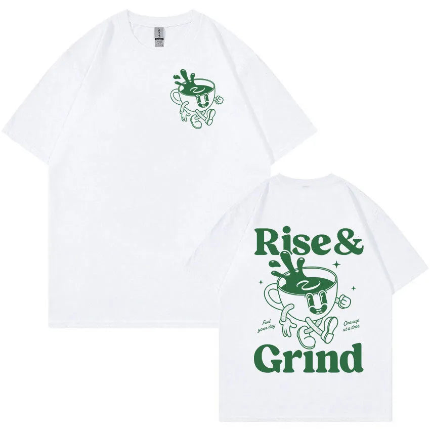 Men's loose fit linen t-shirt with green 'Rise And Grind' coffee cartoon print on chest.