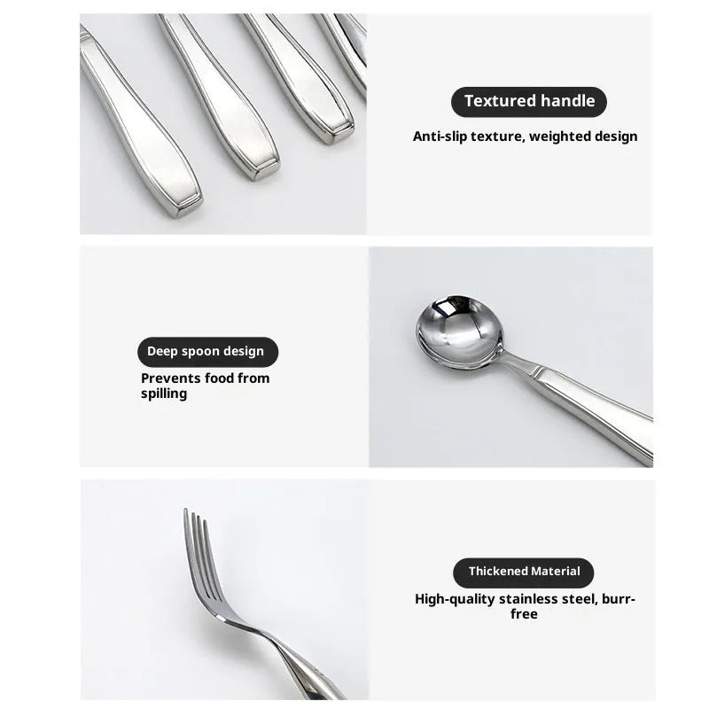 Stainless steel Western-style tableware set with anti-handshaking design including heavy-duty spoon, fork, and knife on a neutral background.