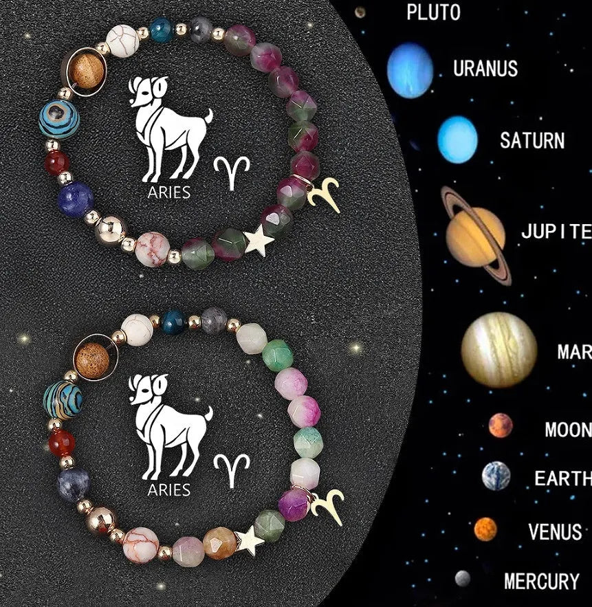 Set of two natural stone beaded bracelets showcasing designs for the twelve zodiac signs.