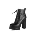Women's chunky heel waterproof platform high heel boots in black cowhide leather with side zipper and round toe.
