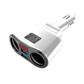 Black car Bluetooth FM transmitter plugged into a vehicle cigarette lighter socket for wireless audio streaming.