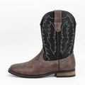 Men's retro western denim square toe motorcycle boots with embroidery, low wedge heel, black colour