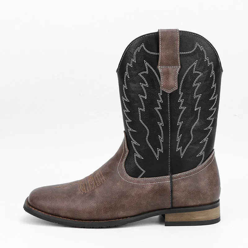 Men's retro western denim square toe motorcycle boots with embroidery, low wedge heel, black colour
