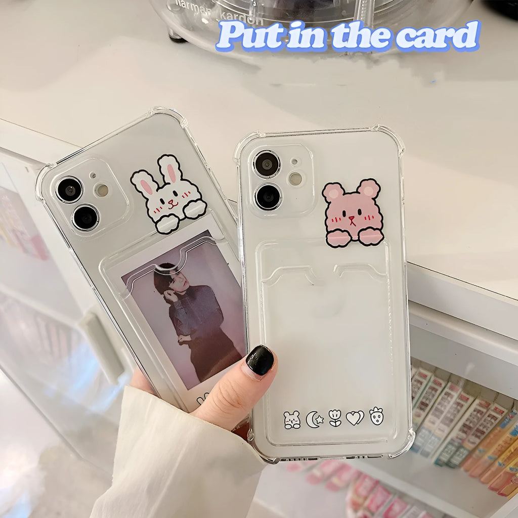 Transparent cartoon design iPhone case with integrated card holder slot for Apple iPhone models.