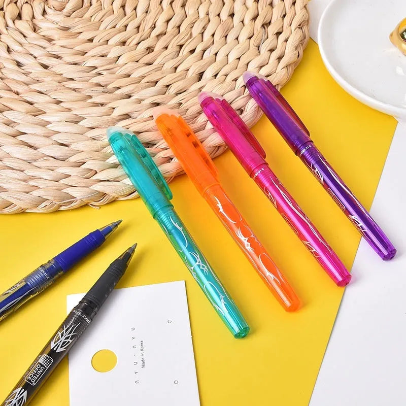 Set of multi-colour heat-erasable gel pens with plastic bodies and stainless steel nibs.