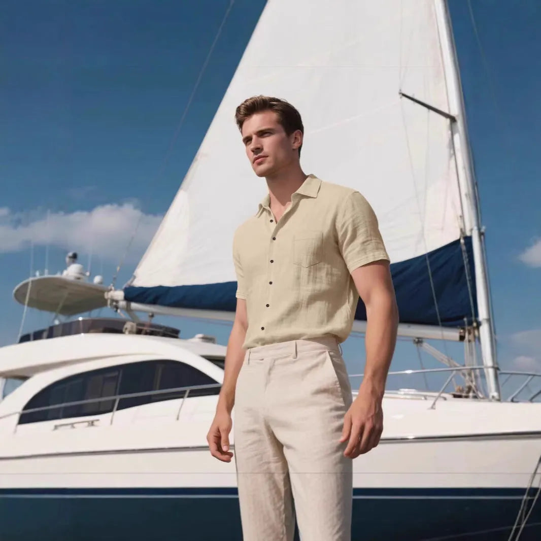 Men's loose-fit cotton-blend short-sleeved shirt cardigan in solid colour casual style
