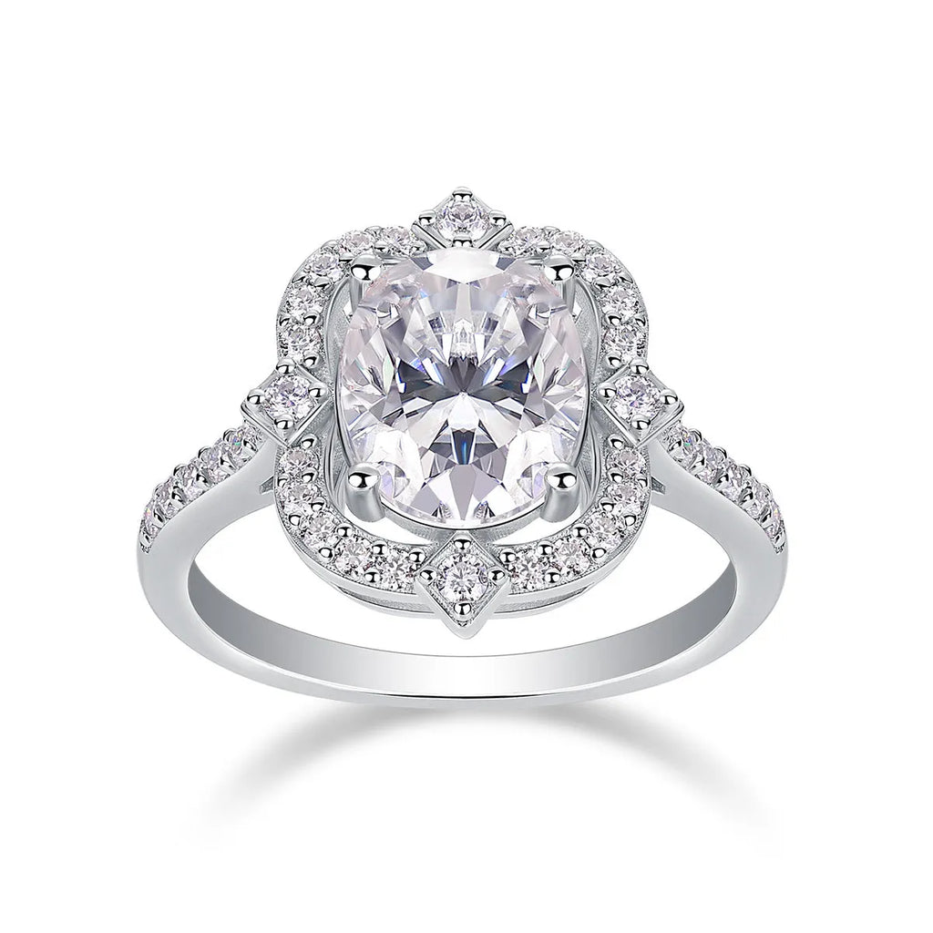 Camellia moissanite wedding ring with egg-shaped 8x10mm stone in S925 silver platinum-plated setting